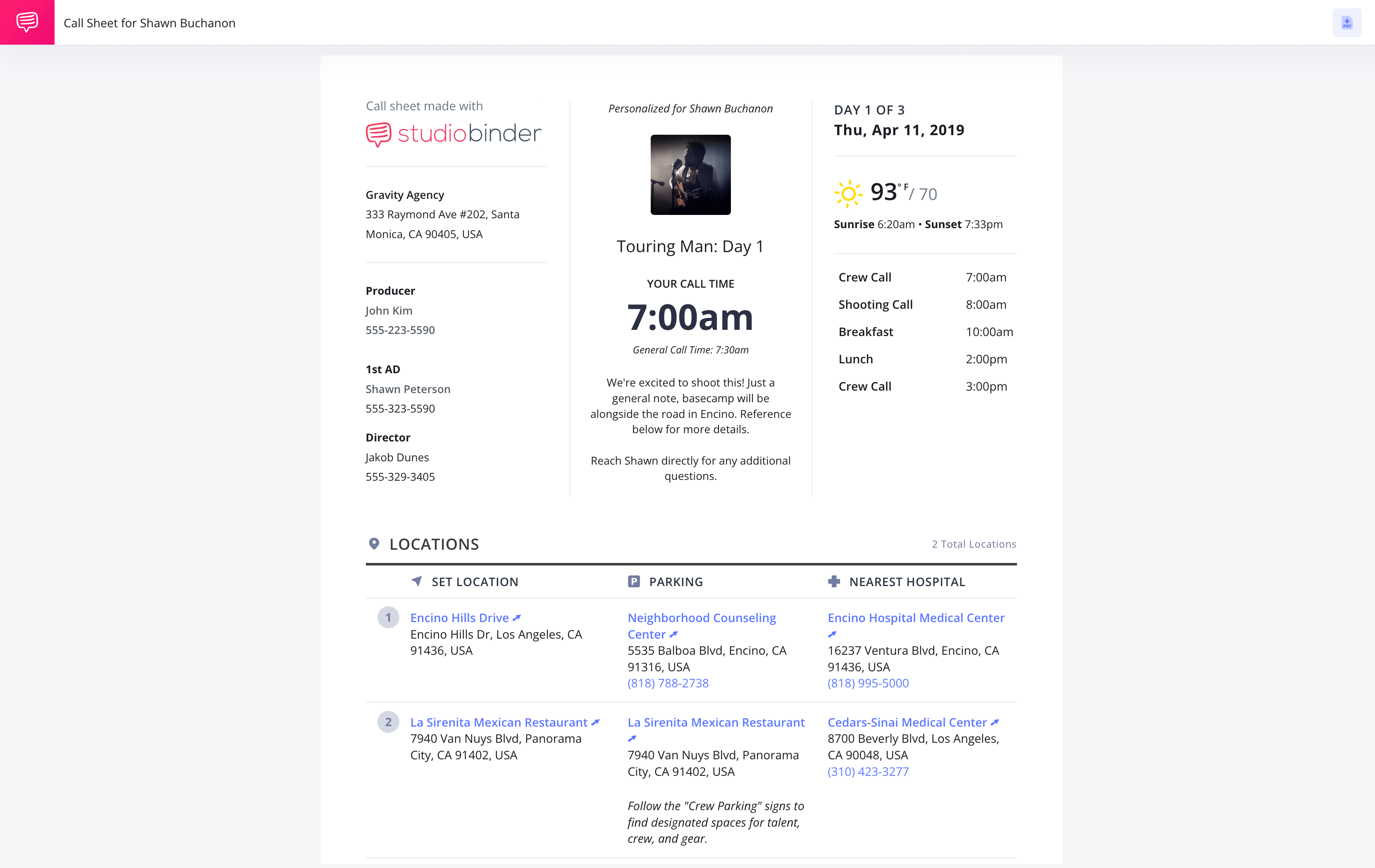 Call Sheet Builder Call Sheet in Production Example StudioBinder Call Sheet Builder Software Call Sheet Builder Call Sheet in Production Example StudioBinder Call Sheet Builder Software