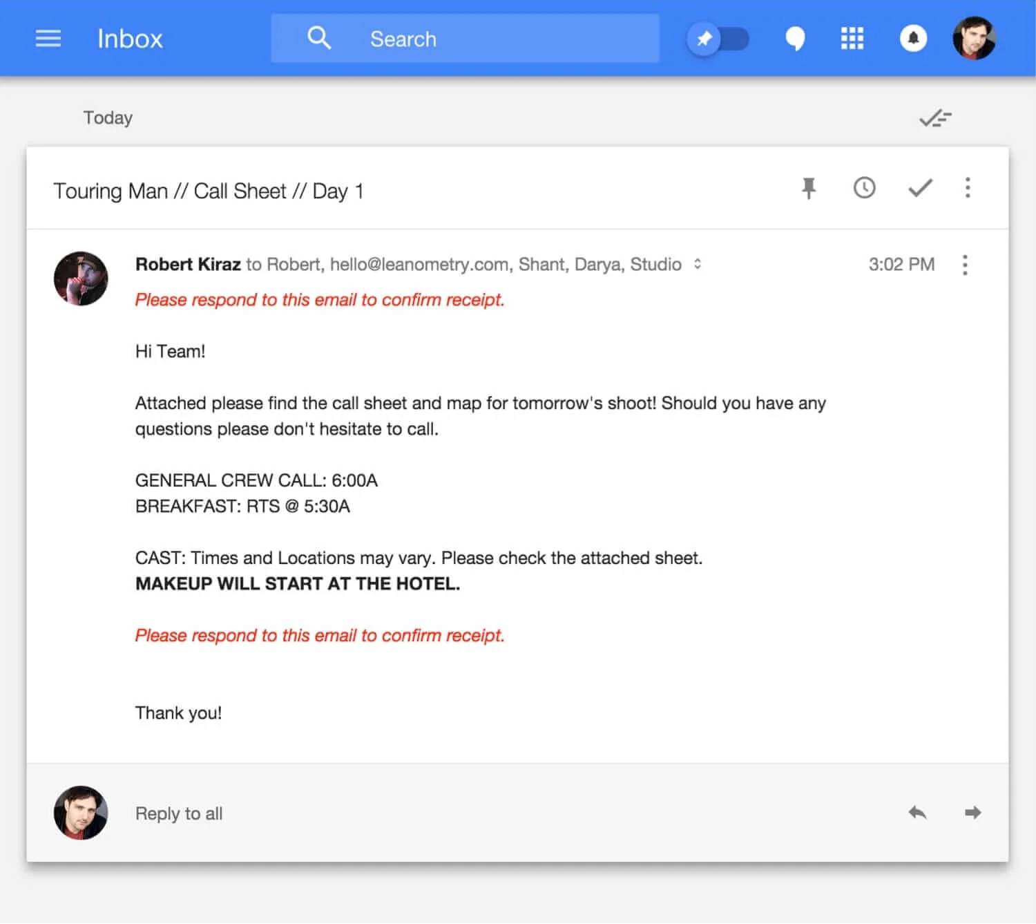 Call Sheet Confirmation - The Old Way Call Sheet Confirmation - The Old Way